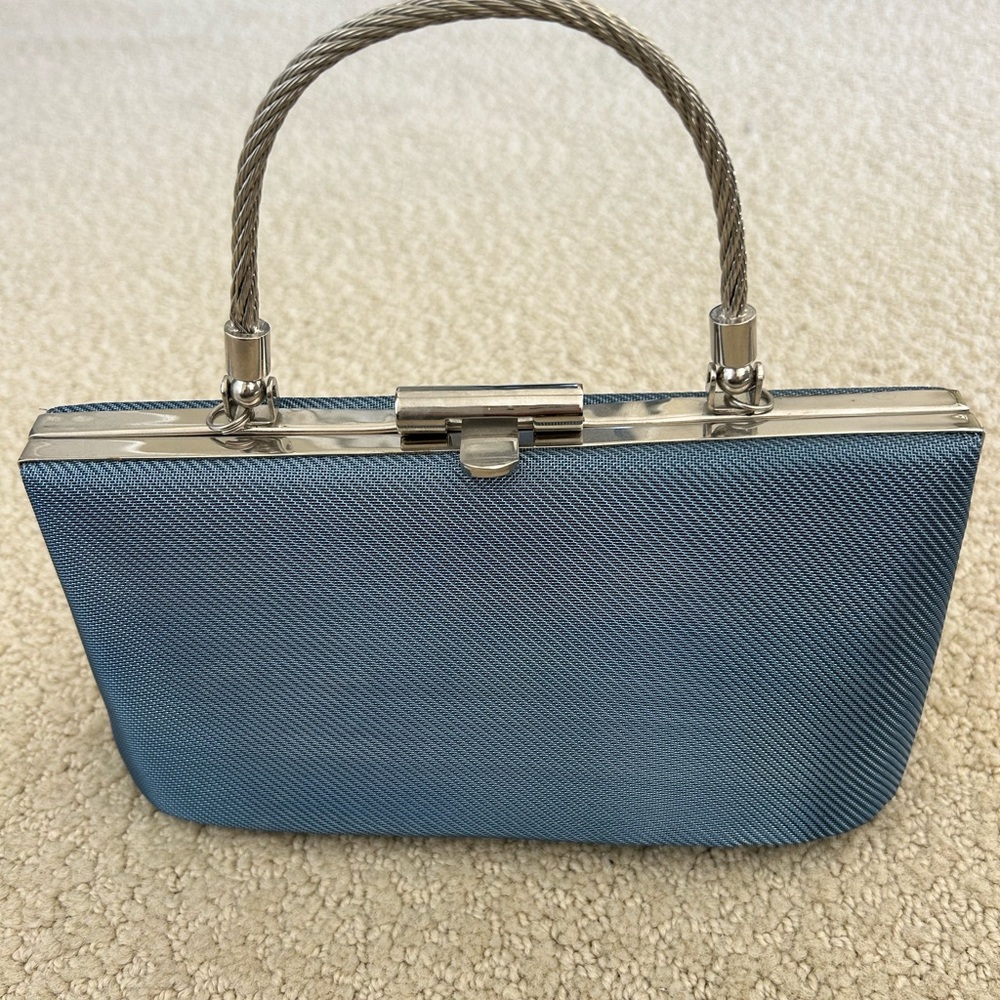 Classic Carlos Falchi Couture Blue Sateen Top-Handle Evening Bag